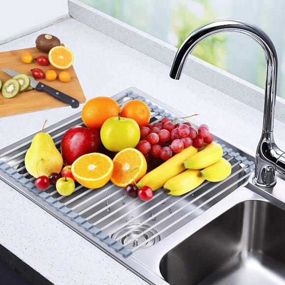 Over The Sink Dish Drying Rack, Roll up Sink Dish Drainer Rack Foldable Kitchen - Picture 2 of 7